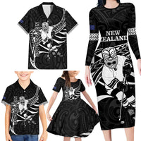 Custom Aotearoa Ice Hockey Family Matching Long Sleeve Bodycon Dress and Hawaiian Shirt NZ Tiki Mascot - Maori Pattern LT14 - Polynesian Pride