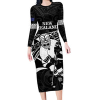 Custom Aotearoa Ice Hockey Family Matching Long Sleeve Bodycon Dress and Hawaiian Shirt NZ Tiki Mascot - Maori Pattern LT14 Mom's Dress Black - Polynesian Pride