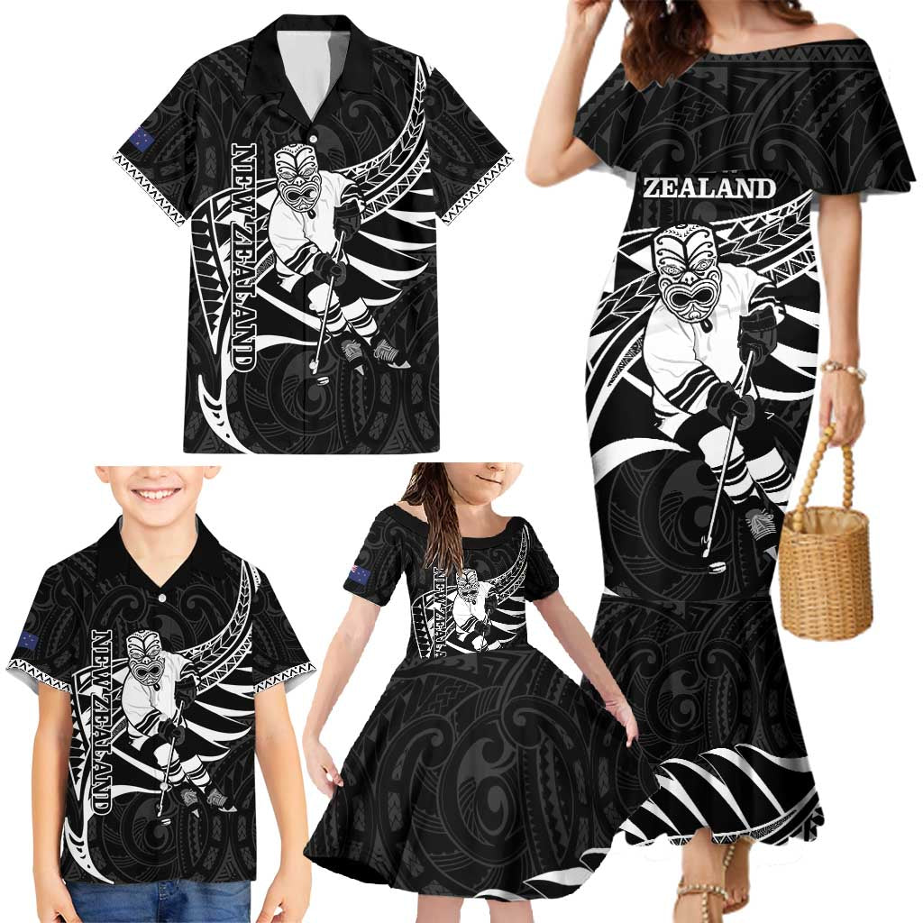 Custom Aotearoa Ice Hockey Family Matching Mermaid Dress and Hawaiian Shirt NZ Tiki Mascot - Maori Pattern LT14 - Polynesian Pride