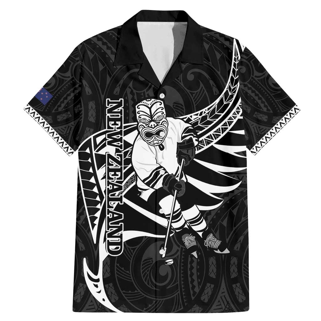Custom Aotearoa Ice Hockey Family Matching Mermaid Dress and Hawaiian Shirt NZ Tiki Mascot - Maori Pattern LT14 Dad's Shirt - Short Sleeve Black - Polynesian Pride