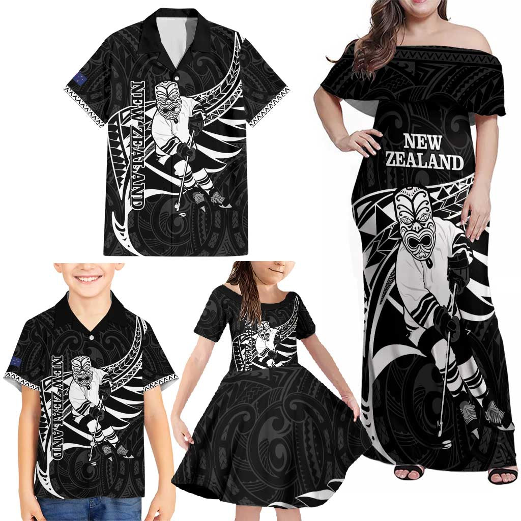 Custom Aotearoa Ice Hockey Family Matching Off Shoulder Maxi Dress and Hawaiian Shirt NZ Tiki Mascot - Maori Pattern LT14 - Polynesian Pride
