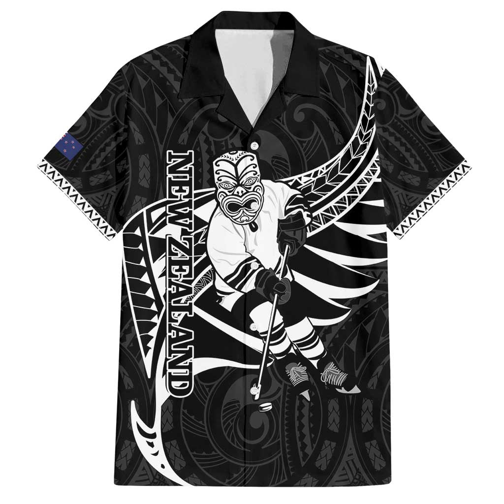 Custom Aotearoa Ice Hockey Family Matching Off Shoulder Maxi Dress and Hawaiian Shirt NZ Tiki Mascot - Maori Pattern LT14 Dad's Shirt - Short Sleeve Black - Polynesian Pride