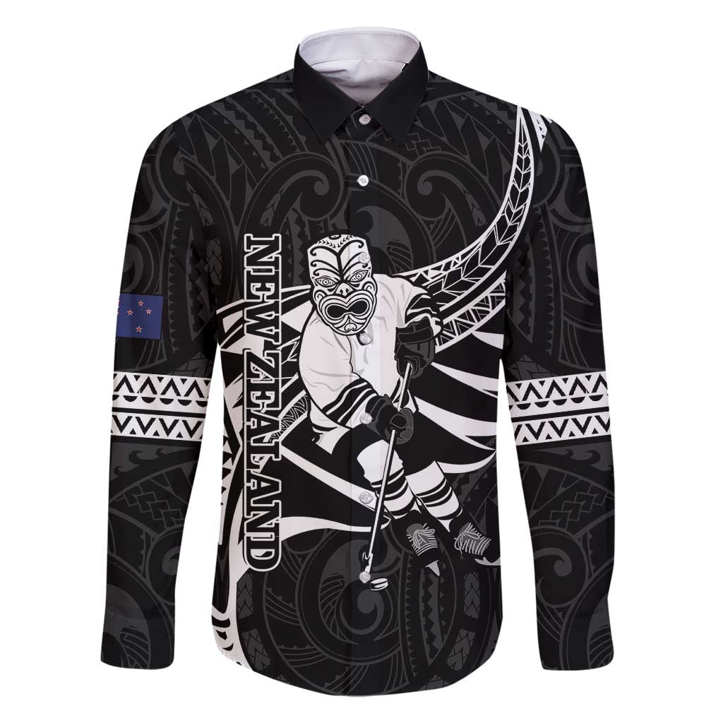 Custom Aotearoa Ice Hockey Family Matching Off Shoulder Maxi Dress and Hawaiian Shirt NZ Tiki Mascot - Maori Pattern LT14 Dad's Shirt - Long Sleeve Black - Polynesian Pride
