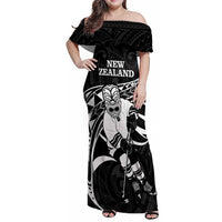 Custom Aotearoa Ice Hockey Family Matching Off Shoulder Maxi Dress and Hawaiian Shirt NZ Tiki Mascot - Maori Pattern LT14 Mom's Dress Black - Polynesian Pride