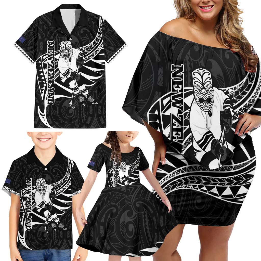 Custom Aotearoa Ice Hockey Family Matching Off Shoulder Short Dress and Hawaiian Shirt NZ Tiki Mascot - Maori Pattern LT14 - Polynesian Pride