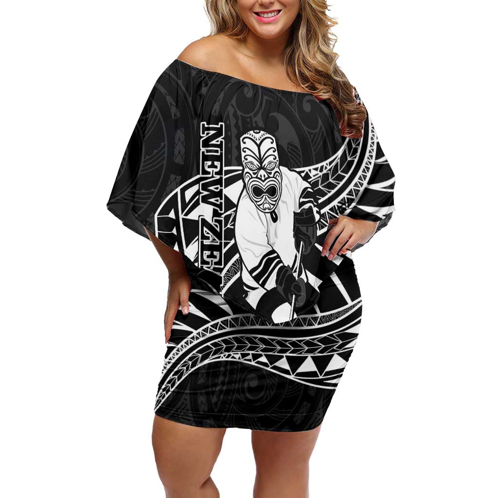 Custom Aotearoa Ice Hockey Family Matching Off Shoulder Short Dress and Hawaiian Shirt NZ Tiki Mascot - Maori Pattern LT14 Mom's Dress Black - Polynesian Pride