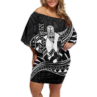 Custom Aotearoa Ice Hockey Family Matching Off Shoulder Short Dress and Hawaiian Shirt NZ Tiki Mascot - Maori Pattern LT14 Mom's Dress Black - Polynesian Pride