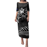Custom Aotearoa Ice Hockey Family Matching Puletasi and Hawaiian Shirt NZ Tiki Mascot - Maori Pattern LT14 Mom's Dress Black - Polynesian Pride