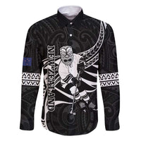 Custom Aotearoa Ice Hockey Family Matching Summer Maxi Dress and Hawaiian Shirt NZ Tiki Mascot - Maori Pattern LT14 Dad's Shirt - Long Sleeve Black - Polynesian Pride