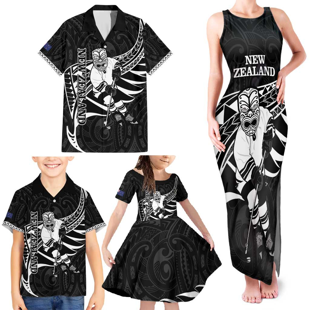 Custom Aotearoa Ice Hockey Family Matching Tank Maxi Dress and Hawaiian Shirt NZ Tiki Mascot - Maori Pattern LT14 - Polynesian Pride