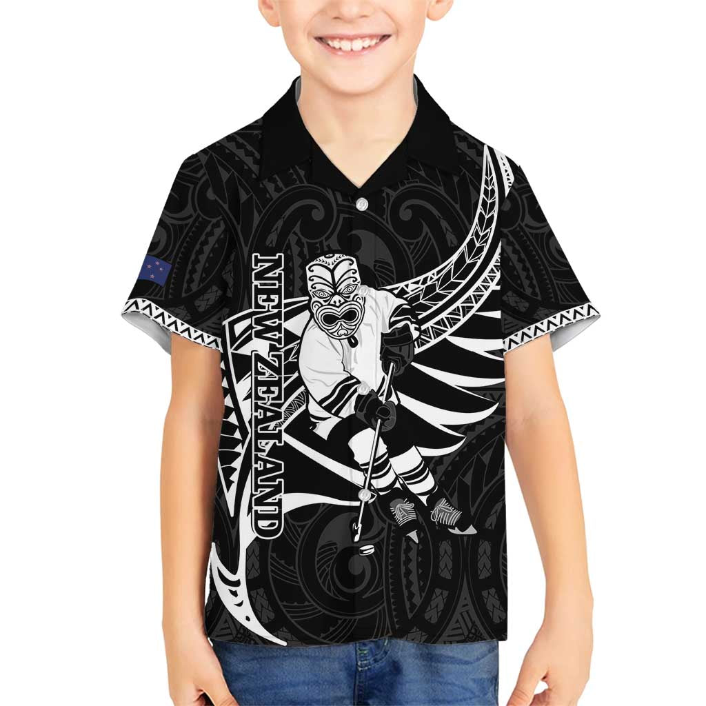 Custom Aotearoa Ice Hockey Family Matching Tank Maxi Dress and Hawaiian Shirt NZ Tiki Mascot - Maori Pattern LT14 Son's Shirt Black - Polynesian Pride