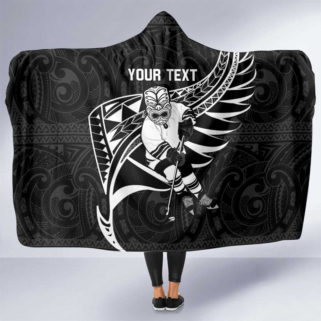 Custom Aotearoa Ice Hockey Hooded Blanket NZ Tiki Mascot - Maori Pattern LT14 One Size Black - Polynesian Pride