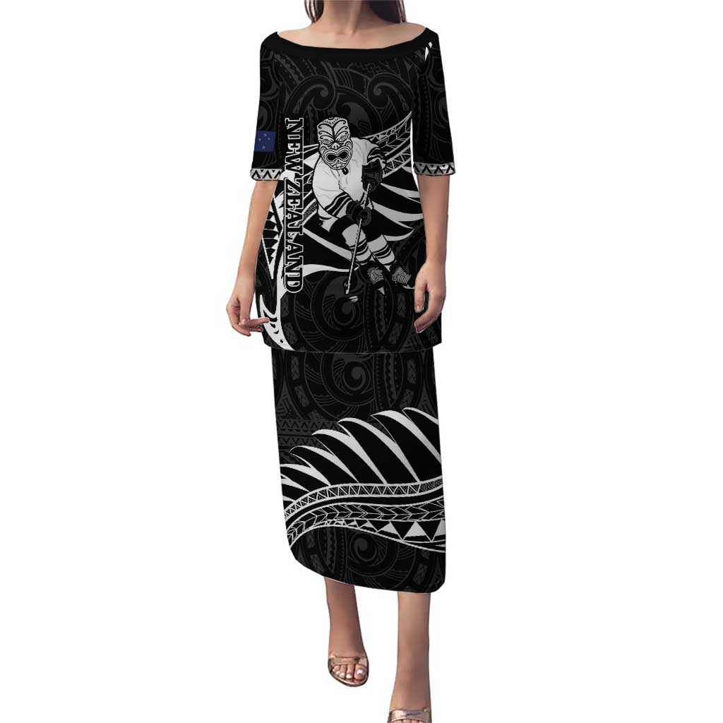 Custom Aotearoa Ice Hockey Puletasi NZ Tiki Mascot - Maori Pattern LT14 Long Dress Black - Polynesian Pride