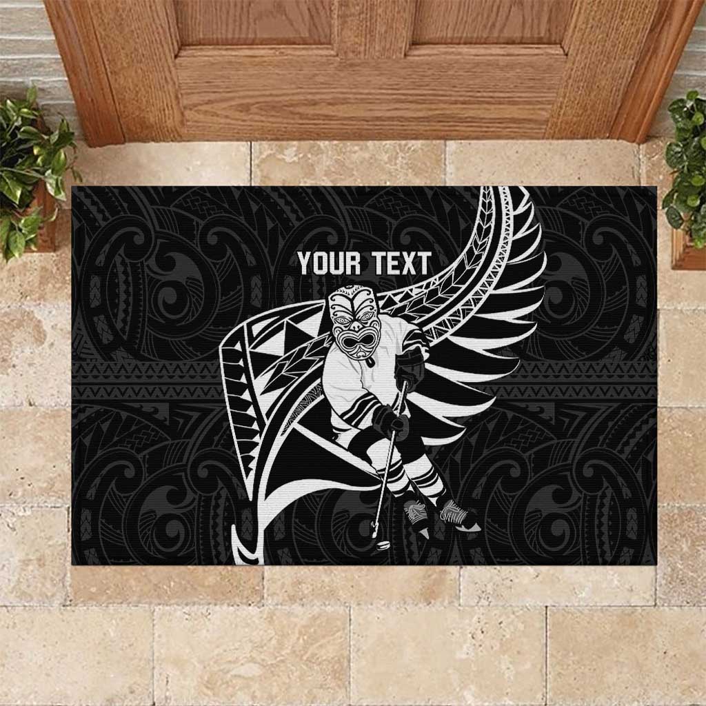 Custom Aotearoa Ice Hockey Rubber Doormat NZ Tiki Mascot - Maori Pattern LT14 Black - Polynesian Pride