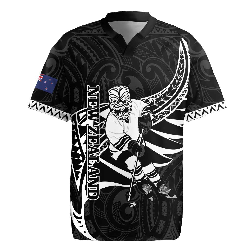 Custom Aotearoa Ice Hockey Rugby Jersey NZ Tiki Mascot - Maori Pattern LT14 Black - Polynesian Pride
