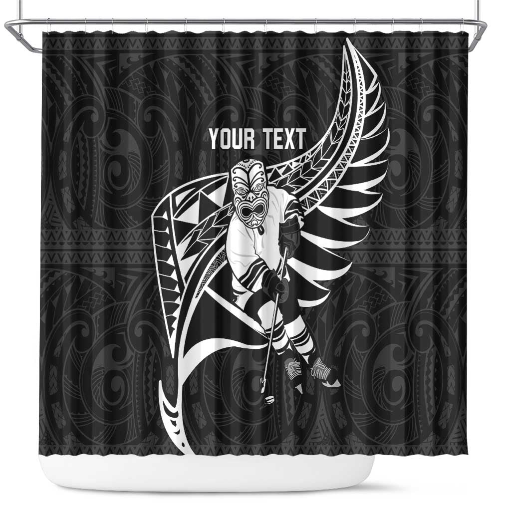 Custom Aotearoa Ice Hockey Shower Curtain NZ Tiki Mascot - Maori Pattern LT14 Black - Polynesian Pride