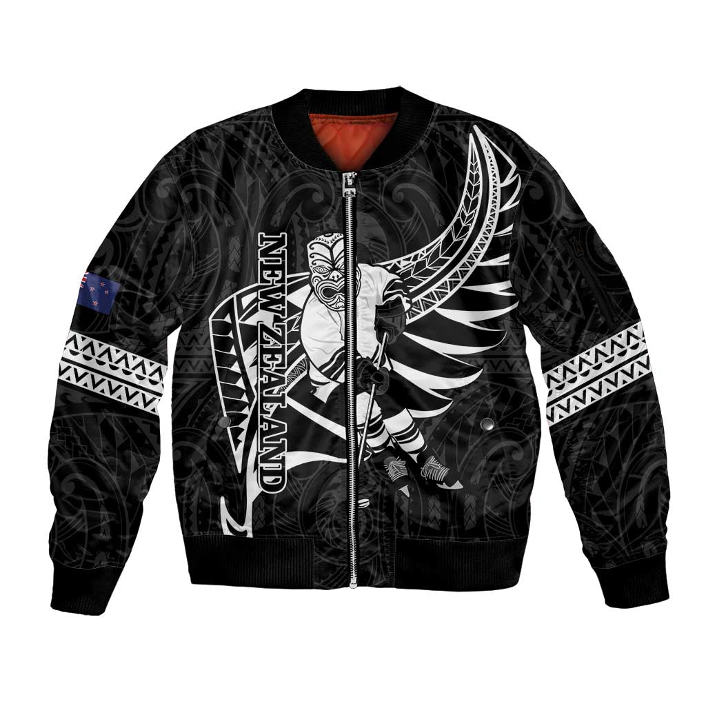 Custom Aotearoa Ice Hockey Sleeve Zip Bomber Jacket NZ Tiki Mascot - Maori Pattern LT14 Unisex Black - Polynesian Pride