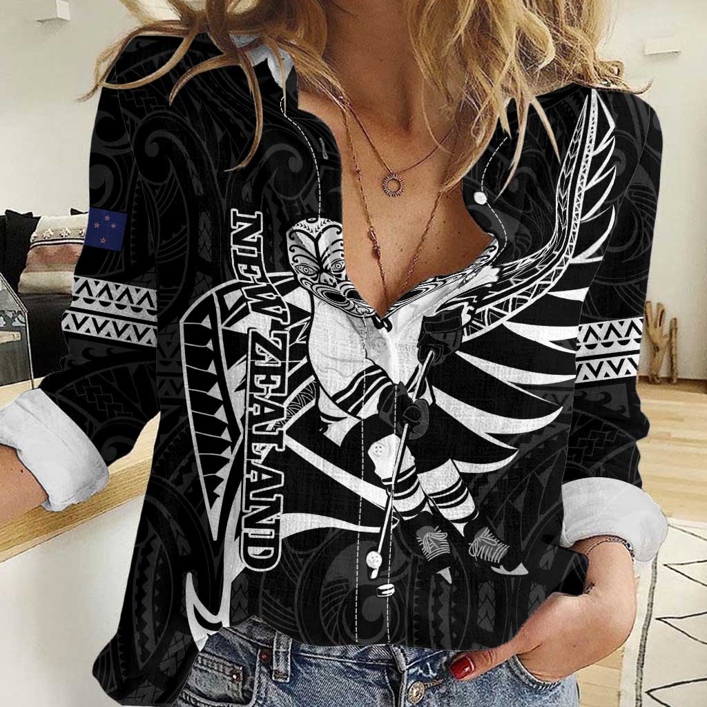 Custom Aotearoa Ice Hockey Women Casual Shirt NZ Tiki Mascot - Maori Pattern LT14 Female Black - Polynesian Pride