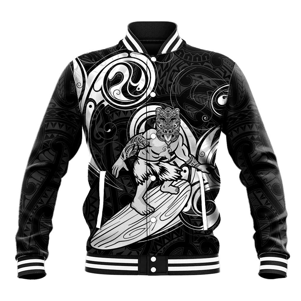 Personalised New Zealand Surfing Baseball Jacket Aotearoa Maori Tiki Haka LT14 Unisex Black - Polynesian Pride
