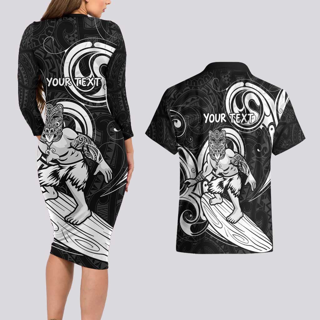 Personalised New Zealand Surfing Couples Matching Long Sleeve Bodycon Dress and Hawaiian Shirt Aotearoa Maori Tiki Haka LT14 - Polynesian Pride