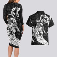 Personalised New Zealand Surfing Couples Matching Long Sleeve Bodycon Dress and Hawaiian Shirt Aotearoa Maori Tiki Haka LT14 - Polynesian Pride