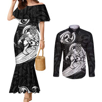 Personalised New Zealand Surfing Couples Matching Mermaid Dress and Long Sleeve Button Shirt Aotearoa Maori Tiki Haka LT14 Black - Polynesian Pride