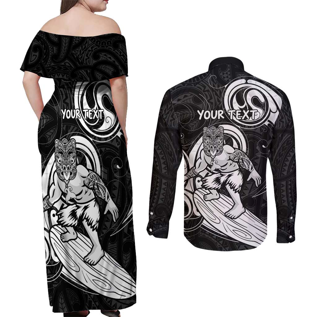 Personalised New Zealand Surfing Couples Matching Off Shoulder Maxi Dress and Long Sleeve Button Shirt Aotearoa Maori Tiki Haka LT14 - Polynesian Pride
