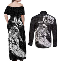 Personalised New Zealand Surfing Couples Matching Off Shoulder Maxi Dress and Long Sleeve Button Shirt Aotearoa Maori Tiki Haka LT14 - Polynesian Pride