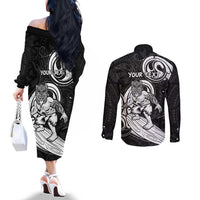 Personalised New Zealand Surfing Couples Matching Off The Shoulder Long Sleeve Dress and Long Sleeve Button Shirt Aotearoa Maori Tiki Haka LT14 - Polynesian Pride