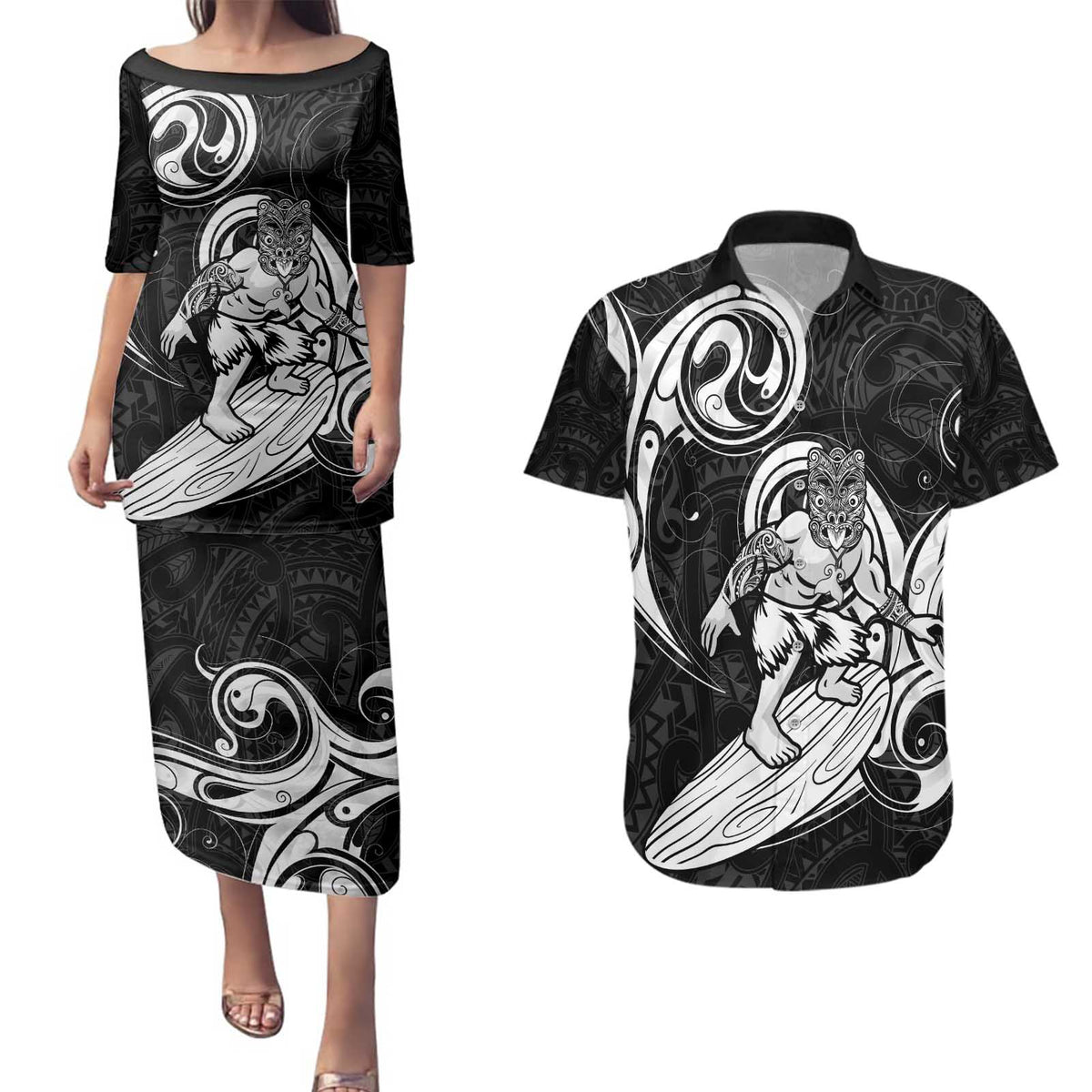 Personalised New Zealand Surfing Couples Matching Puletasi and Hawaiian Shirt Aotearoa Maori Tiki Haka LT14 Black - Polynesian Pride