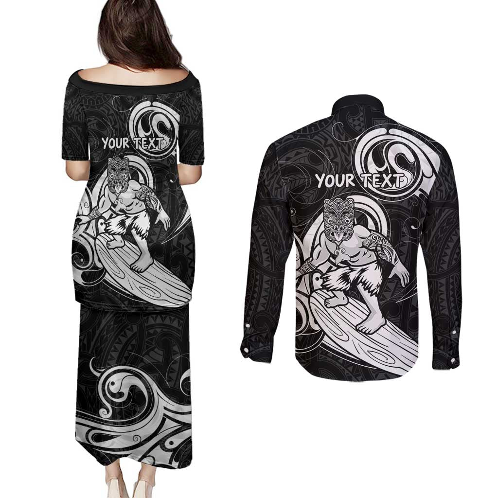Personalised New Zealand Surfing Couples Matching Puletasi and Long Sleeve Button Shirt Aotearoa Maori Tiki Haka LT14 - Polynesian Pride