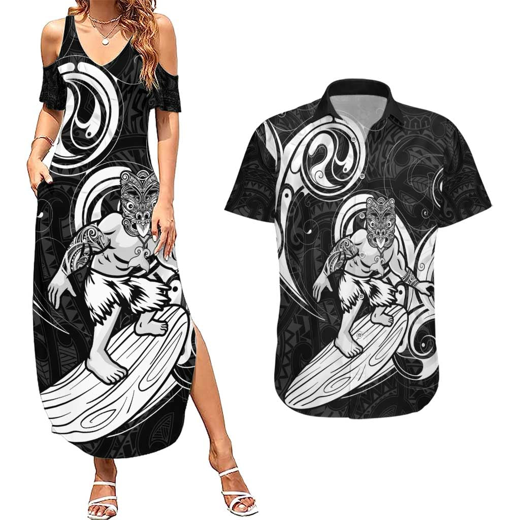 Personalised New Zealand Surfing Couples Matching Summer Maxi Dress and Hawaiian Shirt Aotearoa Maori Tiki Haka LT14 Black - Polynesian Pride