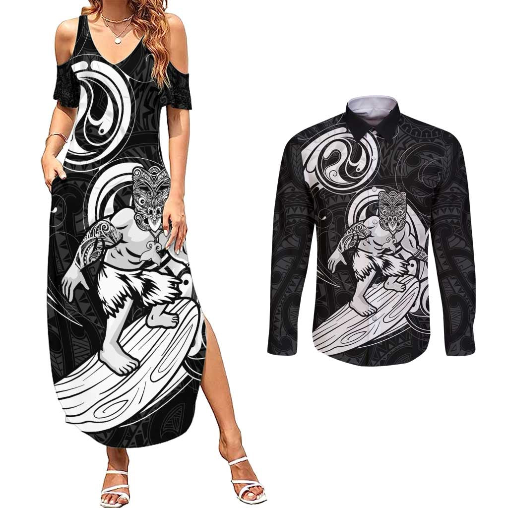 Personalised New Zealand Surfing Couples Matching Summer Maxi Dress and Long Sleeve Button Shirt Aotearoa Maori Tiki Haka LT14 Black - Polynesian Pride