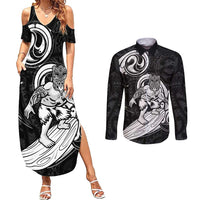 Personalised New Zealand Surfing Couples Matching Summer Maxi Dress and Long Sleeve Button Shirt Aotearoa Maori Tiki Haka LT14 Black - Polynesian Pride