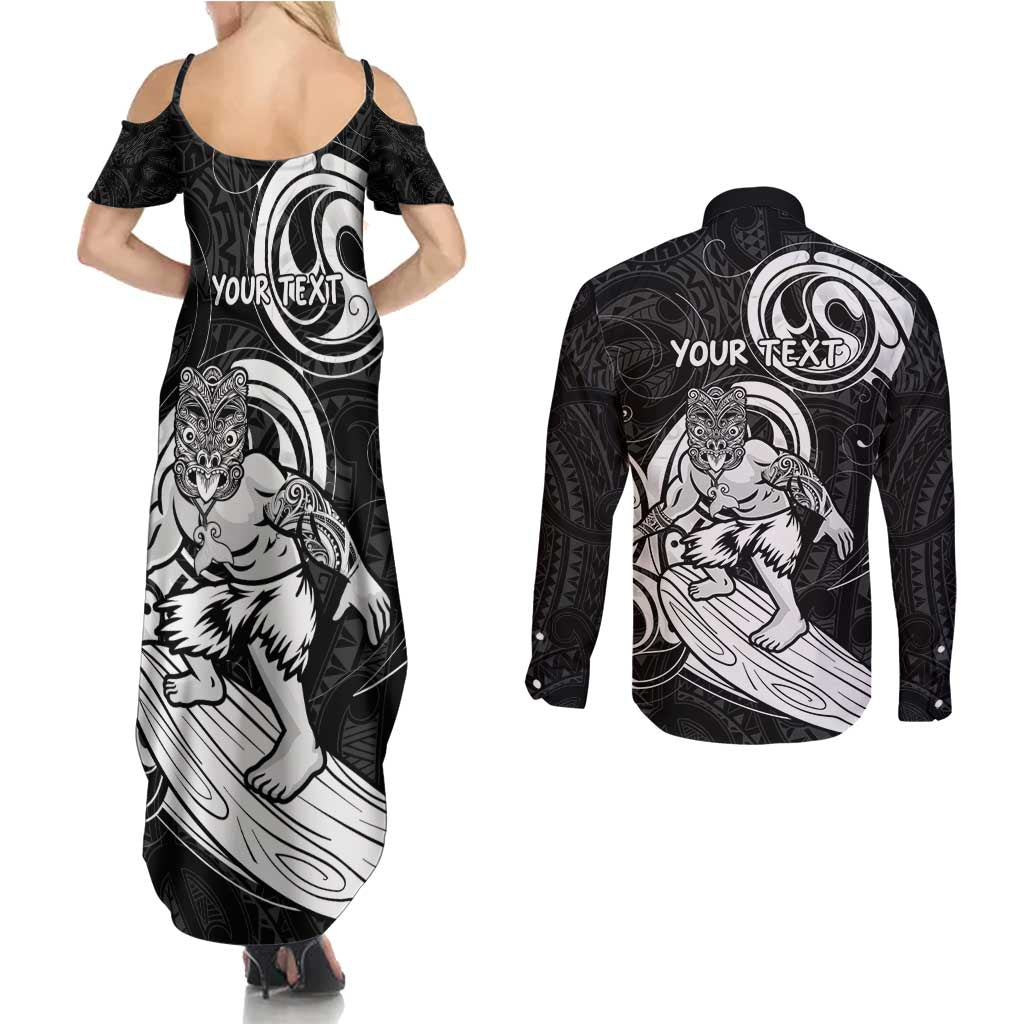 Personalised New Zealand Surfing Couples Matching Summer Maxi Dress and Long Sleeve Button Shirt Aotearoa Maori Tiki Haka LT14 - Polynesian Pride