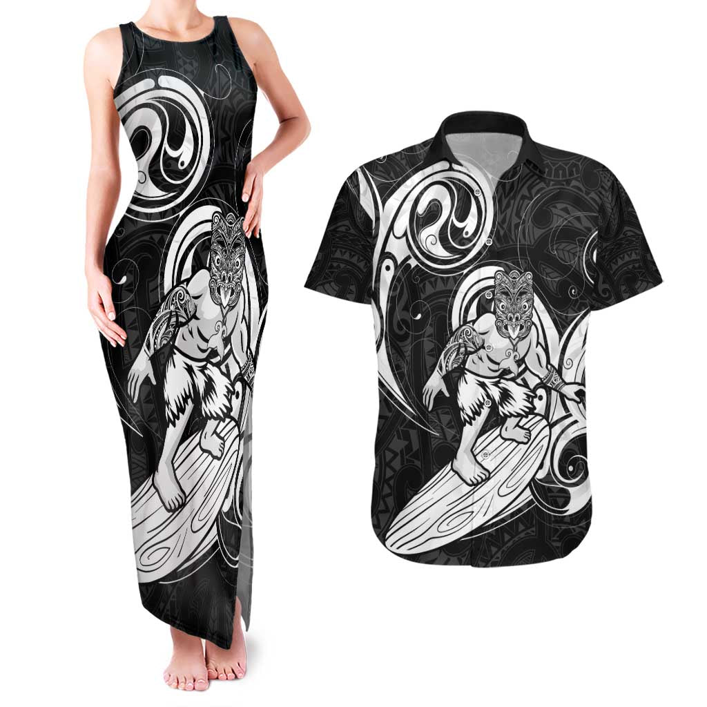 Personalised New Zealand Surfing Couples Matching Tank Maxi Dress and Hawaiian Shirt Aotearoa Maori Tiki Haka LT14 Black - Polynesian Pride