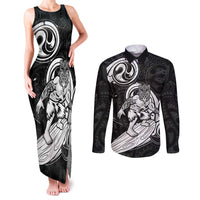 Personalised New Zealand Surfing Couples Matching Tank Maxi Dress and Long Sleeve Button Shirt Aotearoa Maori Tiki Haka LT14 Black - Polynesian Pride