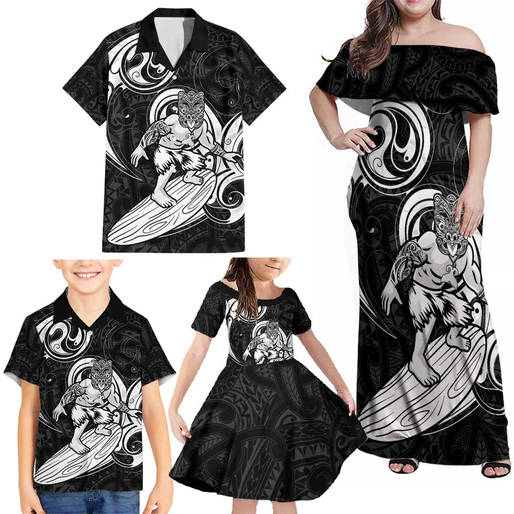 Personalised New Zealand Surfing Family Matching Off Shoulder Maxi Dress and Hawaiian Shirt Aotearoa Maori Tiki Haka LT14 - Polynesian Pride