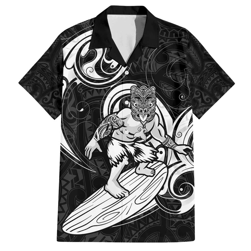 Personalised New Zealand Surfing Family Matching Off Shoulder Maxi Dress and Hawaiian Shirt Aotearoa Maori Tiki Haka LT14 Dad's Shirt - Short Sleeve Black - Polynesian Pride