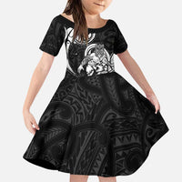 Personalised New Zealand Surfing Family Matching Puletasi and Hawaiian Shirt Aotearoa Maori Tiki Haka LT14 Daughter's Dress Black - Polynesian Pride