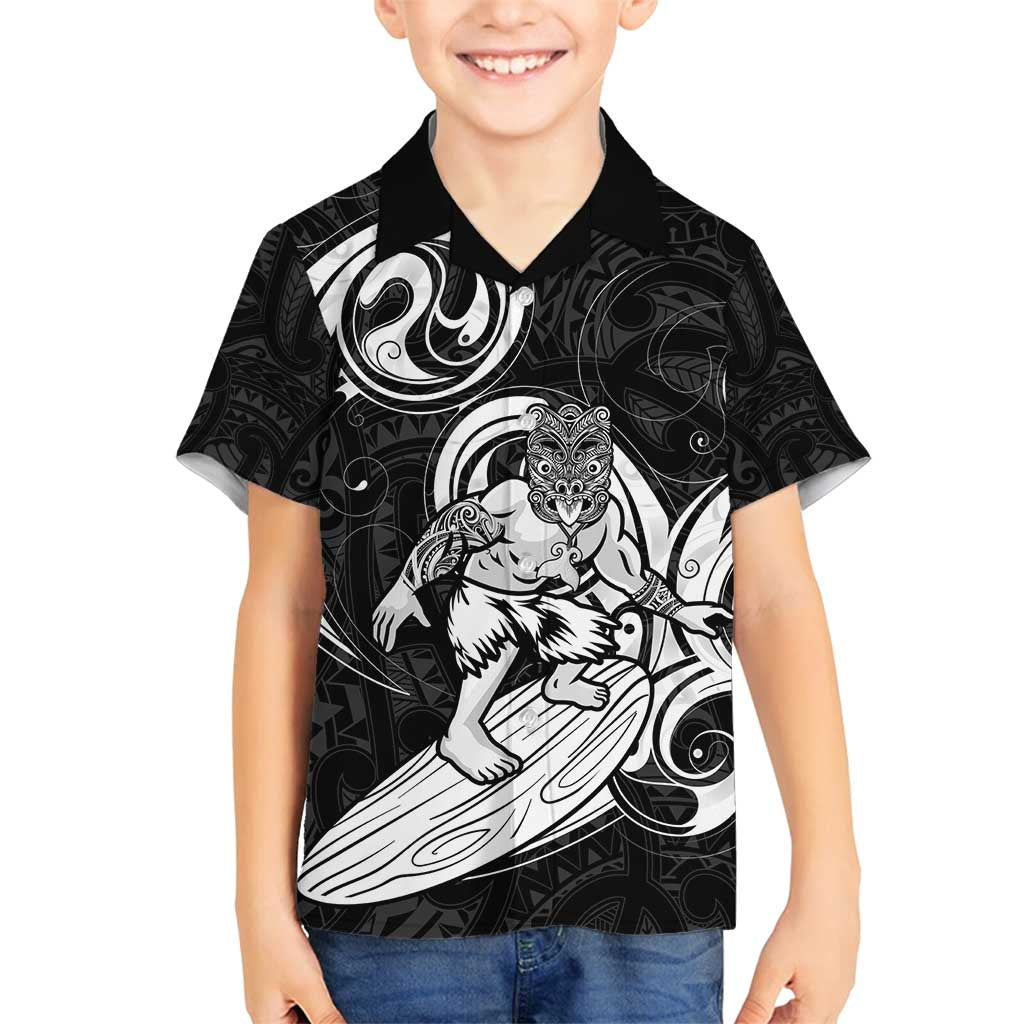 Personalised New Zealand Surfing Family Matching Puletasi and Hawaiian Shirt Aotearoa Maori Tiki Haka LT14 Son's Shirt Black - Polynesian Pride