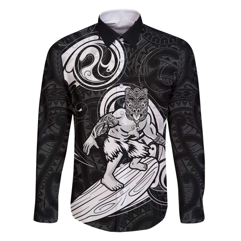 Personalised New Zealand Surfing Family Matching Short Sleeve Bodycon Dress and Hawaiian Shirt Aotearoa Maori Tiki Haka LT14 Dad's Shirt - Long Sleeve Black - Polynesian Pride