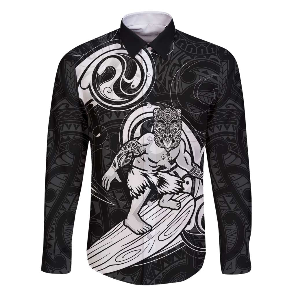 Personalised New Zealand Surfing Family Matching Summer Maxi Dress and Hawaiian Shirt Aotearoa Maori Tiki Haka LT14 Dad's Shirt - Long Sleeve Black - Polynesian Pride