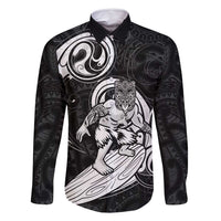 Personalised New Zealand Surfing Family Matching Summer Maxi Dress and Hawaiian Shirt Aotearoa Maori Tiki Haka LT14 Dad's Shirt - Long Sleeve Black - Polynesian Pride