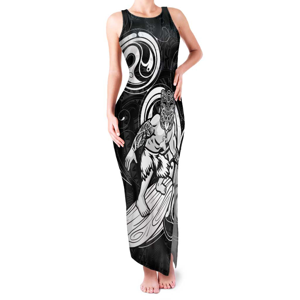 Personalised New Zealand Surfing Family Matching Tank Maxi Dress and Hawaiian Shirt Aotearoa Maori Tiki Haka LT14 Mom's Dress Black - Polynesian Pride