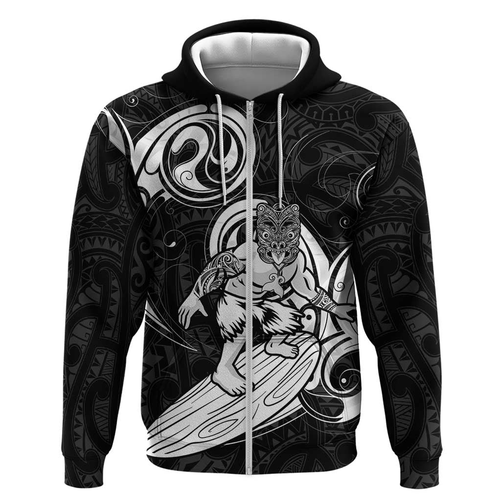 Personalised New Zealand Surfing Hoodie Aotearoa Maori Tiki Haka LT14 Zip Hoodie Black - Polynesian Pride