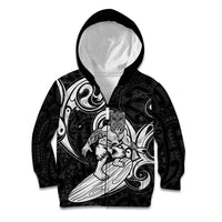 Personalised New Zealand Surfing Kid Hoodie Aotearoa Maori Tiki Haka LT14 Zip Hoodie Black - Polynesian Pride