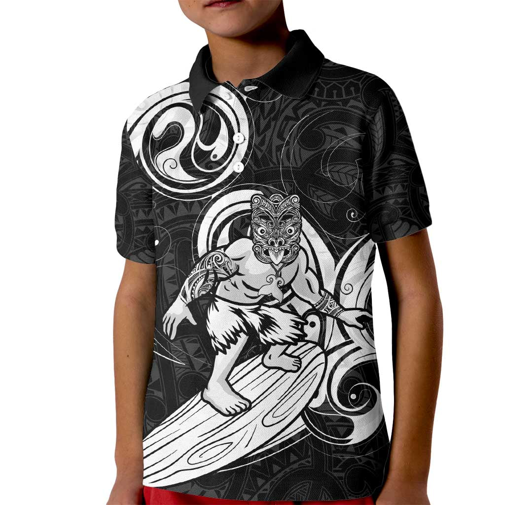 Personalised New Zealand Surfing Kid Polo Shirt Aotearoa Maori Tiki Haka LT14 Kid Black - Polynesian Pride