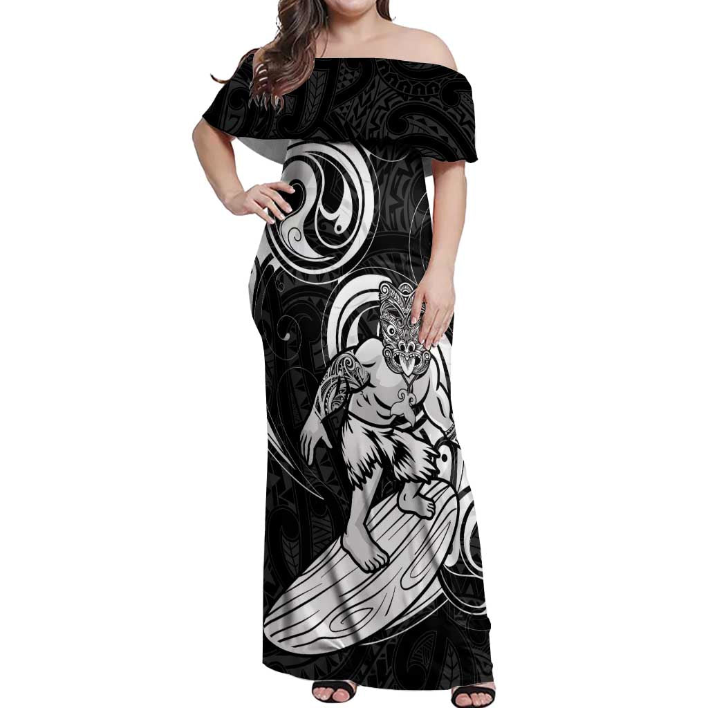 Personalised New Zealand Surfing Off Shoulder Maxi Dress Aotearoa Maori Tiki Haka LT14 Women Black - Polynesian Pride