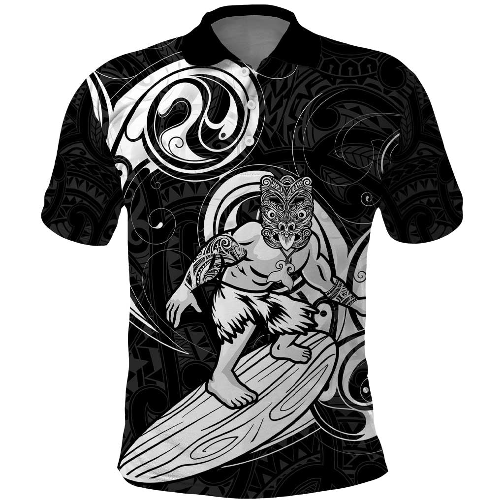 Personalised New Zealand Surfing Polo Shirt Aotearoa Maori Tiki Haka LT14 Black - Polynesian Pride